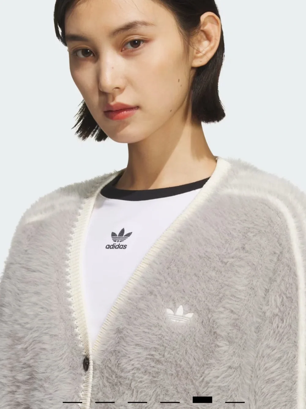 adidas Light Grey Fuzzy V-Neck Cardigan with Cream Trim Asia Exclusive US Large - Picture 5 of 14